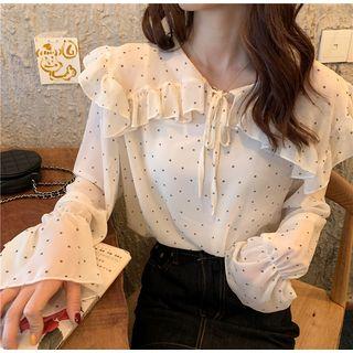 Set: Dotted Bell-sleeve Chiffon Blouse + Camisole