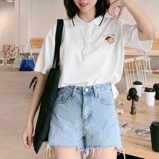 Fruit Embroidered Elbow-sleeve Polo Shirt