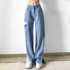 Slit-hem Distressed Wide Leg Jeans