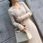 V-neck Long-sleeve Midi Knitted Dress