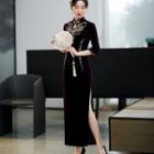 3/4-sleeve Embellished Maxi Sheath Qipao Dress