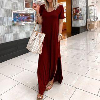 Short-sleeve Slit-hem Maxi A-line Dress