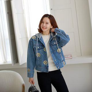 Smiley Embroidery Denim Trucker Jacket Blue - One Size