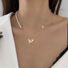 Faux Pearl Necklace Butterfly Pearl Necklace - Gold Plating - One Size