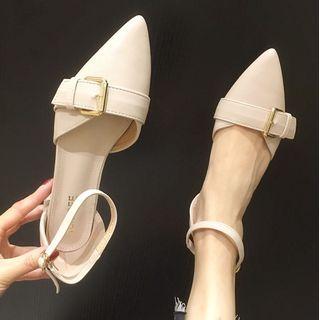 Buckle Pointy-toe Ankle Strap Block Heel Sandals