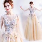 Cape-sleeve Floral Embroidered Wedding Ball Gown