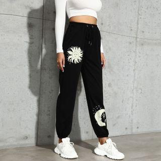 Drawstring Sun & Moon Print Sweatpants