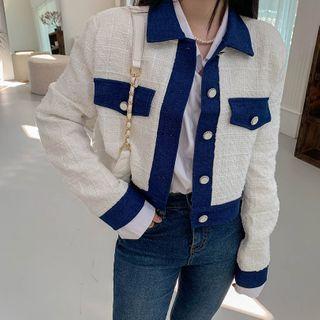Denim-trim Cropped Tweed Jacket Ivory - One Size