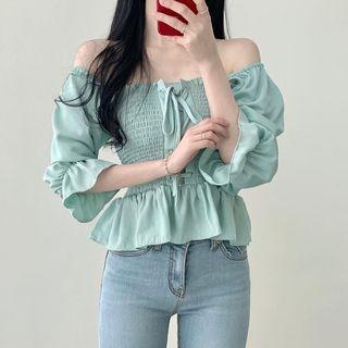 Off-shoulder Lace-up Smocked Blouse