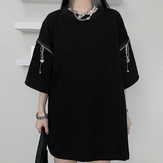 Elbow-sleeve Zipped T-shirt Black - One Size