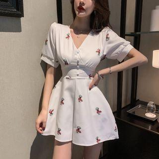 Short-sleeve V-neck Floral Romper