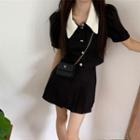 Puff-sleeve Color-block Top / High-waist Plain Pleated Mini Skirt