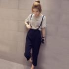 Set: Pinstripe Frill Trim Short-sleeve Top + Suspender Pants