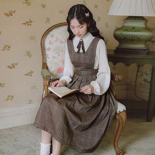 Set: Long-sleeve Mock-neck Blouse + Plaid Midi A-line Overall Dress