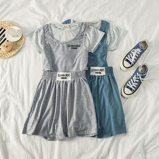 Set: Mock Two Piece Short-sleeve Top + Elastic Waist Shorts