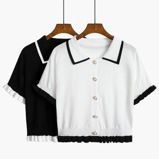 Short-sleeve Collared Contrast Trim Knit Crop Top