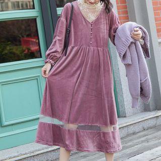 Velvet Long-sleeve Midi A-line Dress Dark Rose Purple - One Size