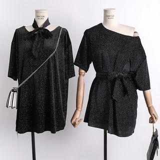 Glitter Short-sleeved Top With Sash