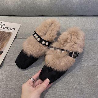 Faux Fur Trim Block Heel Pumps
