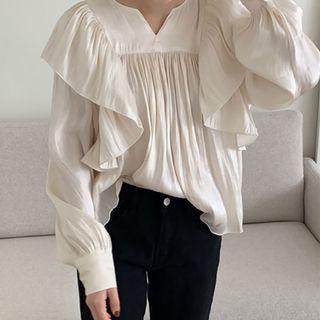 Long-sleeve Ruffle Trim Shirred Blouse