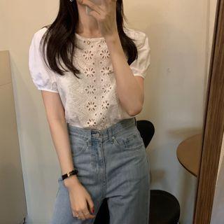 Short-sleeve Lace Blouse White- One Size