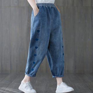 Heart Embroidered Cropped Harem Jeans