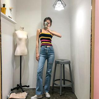 Button-fly Distressed Boot-cut Jeans