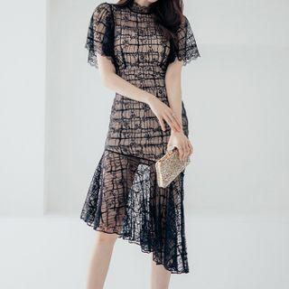 Short-sleeve Ruffle Hem Lace Midi Sheath Dress