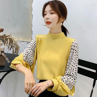 Long-sleeve Mock-neck Dotted Paneled Chiffon Top