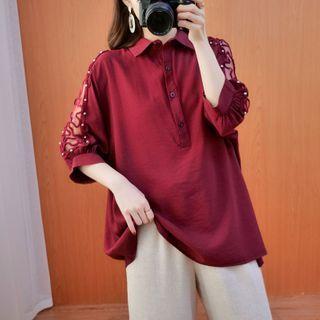 3/4-sleeve Embellished Mesh Panel Blouse