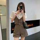 Set: Short Sleeve Mock Two Piece Top + High Waist Plain Shorts