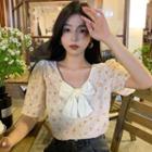 Short-sleeve Faux Pearl Bow-front Floral Blouse