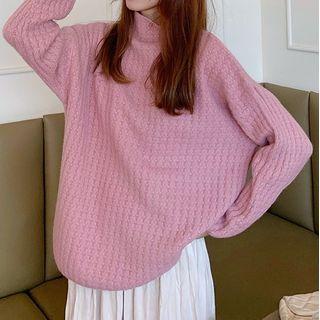 Mock-neck Waffle Knit Sweater