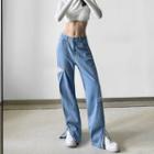 Faux Pearl Cut-out High Waist Wide Leg Jeans