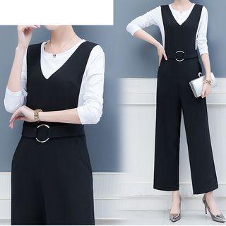 Set: Long-sleeve Top + Sleeveless Wide Leg Jumpsuit