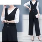 Set: Long-sleeve Top + Sleeveless Wide Leg Jumpsuit