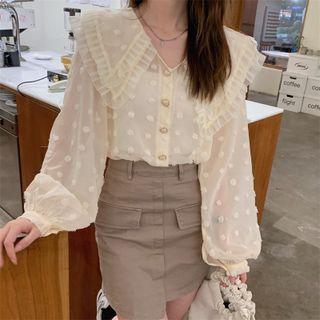 Long-sleeve Peter Pan Collar Frill Trim Sheer Blouse