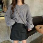 Crew-neck Cable-knit Sweater / Faux-leather A-line Skirt