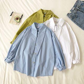 Plain Tie-neck Long-sleeve Blouse