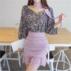 Set: Puff-sleeve Lavender Print Blouse + Scarf