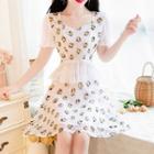 Set: Short-sleeve Floral Lace Peplum Top / Mini A-line Skirt