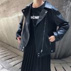 Faux Leather Biker Jacket / Plain Midi Accordion Pleated Skirt