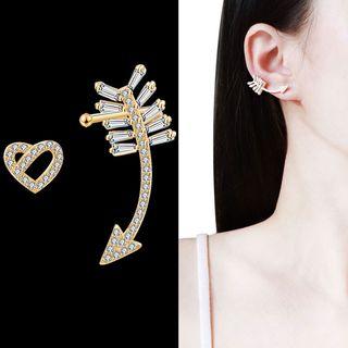 Non-matching Rhinestone Heart & Arrow Earring 1 Pair - Sterling Silver Stud - Gold - One Size