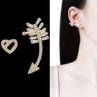 Non-matching Rhinestone Heart & Arrow Earring 1 Pair - Sterling Silver Stud - Gold - One Size