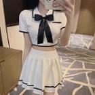 Short-sleeve Collared Tie-neck Top / Mini A-line Skirt / Set