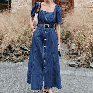 Puff-sleeve Denim Maxi A-line Dress