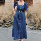 Puff-sleeve Denim Maxi A-line Dress