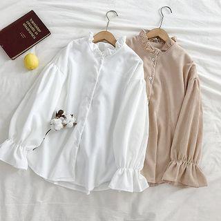Plain Ruffled-trim Corduroy Flare-sleeve Blouse