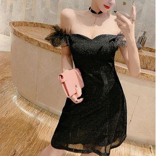 Off-shoulder Short-sleeve Sparkly Mesh Mini Dress