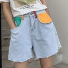 Short-sleeve Printed T-shirt / Color Block Frayed Hem Wide-leg Denim Shorts